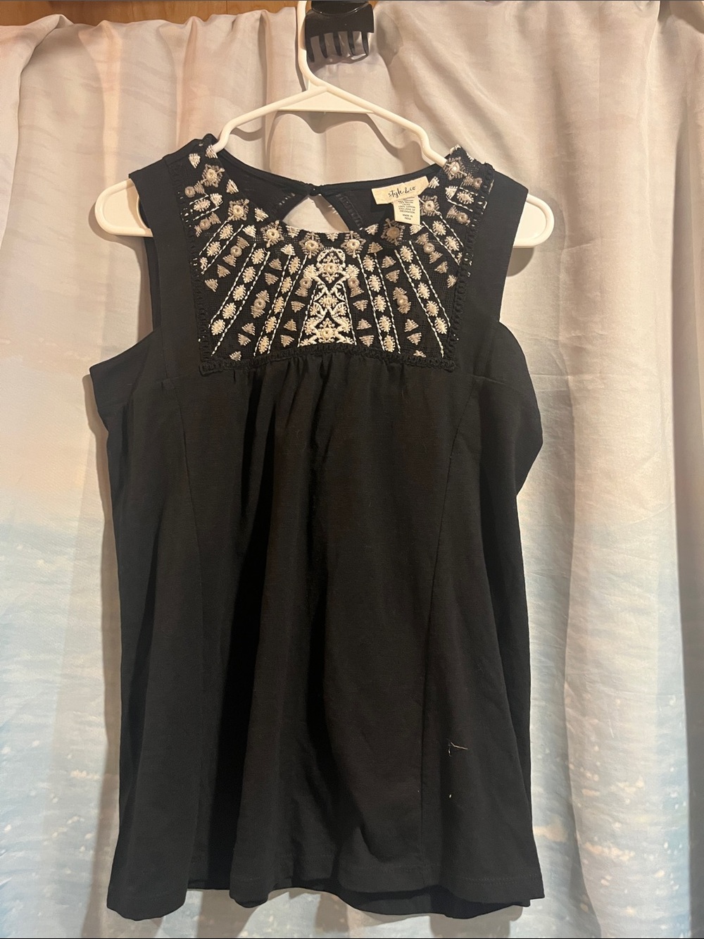 Style & Co. Black Sleeveless Top with White Embroidered Yoke